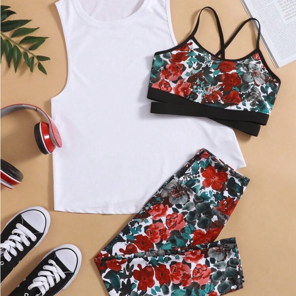 Allover Floral Print Contrast Binding Sports 3 Piece Set